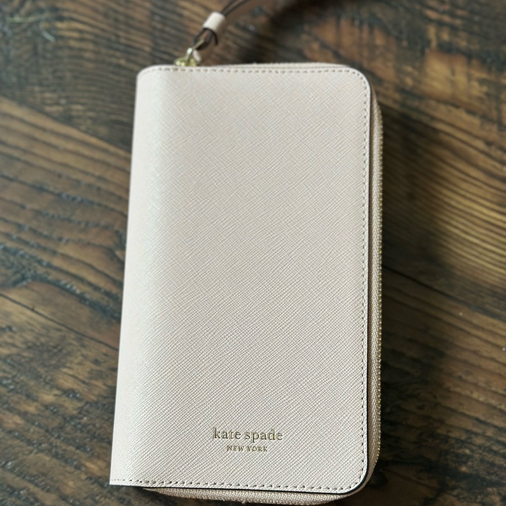 Kate Spade iPhone X/XS Pink Leather Folio Case Wristlet Strap Zip